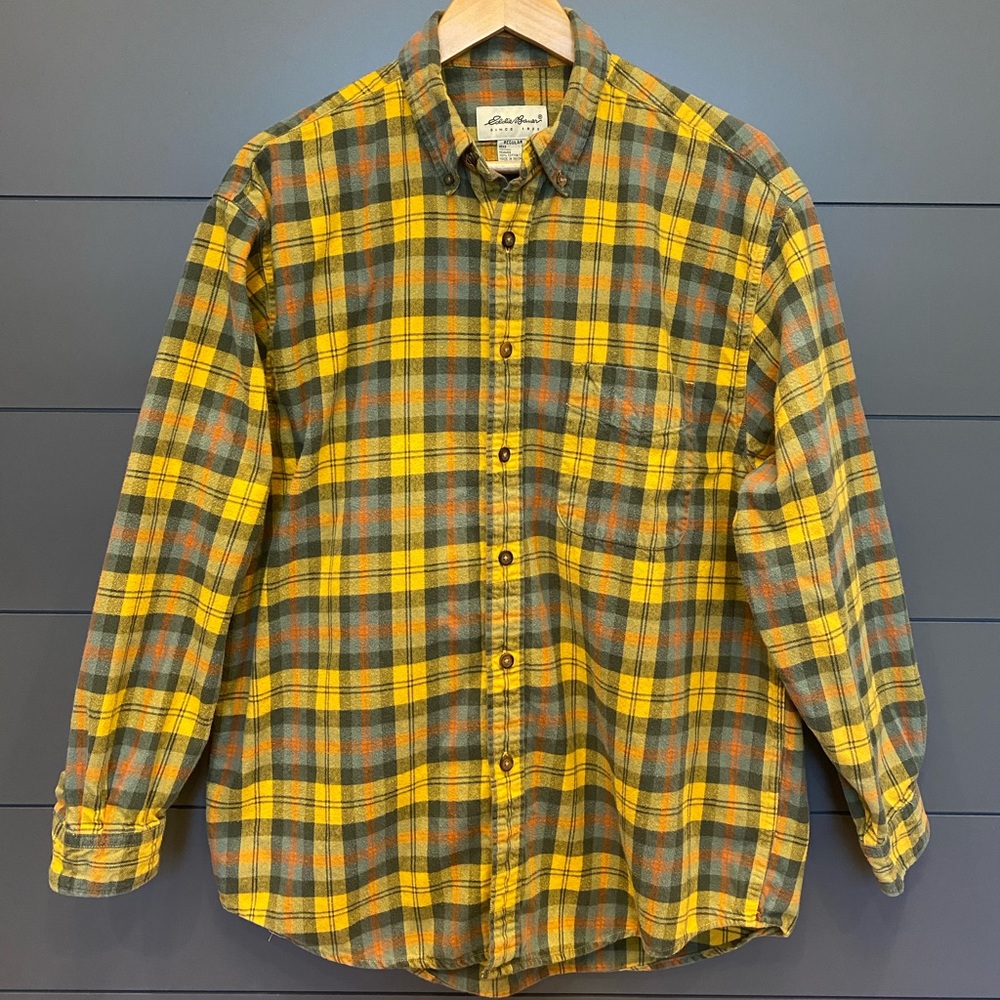 Eddie Bauer Size M Flannel Green blue Yellow Plaid